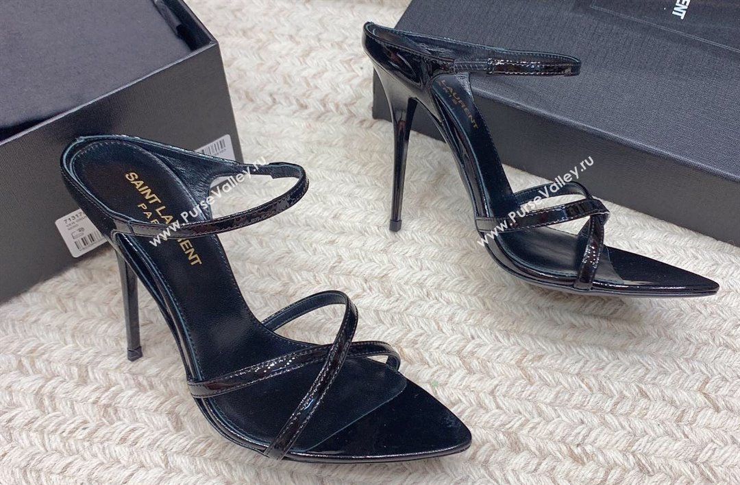 Saint Laurent Heel 11cm Gippy Patent Crisscross Mules Black 2024 (keer-23121904)