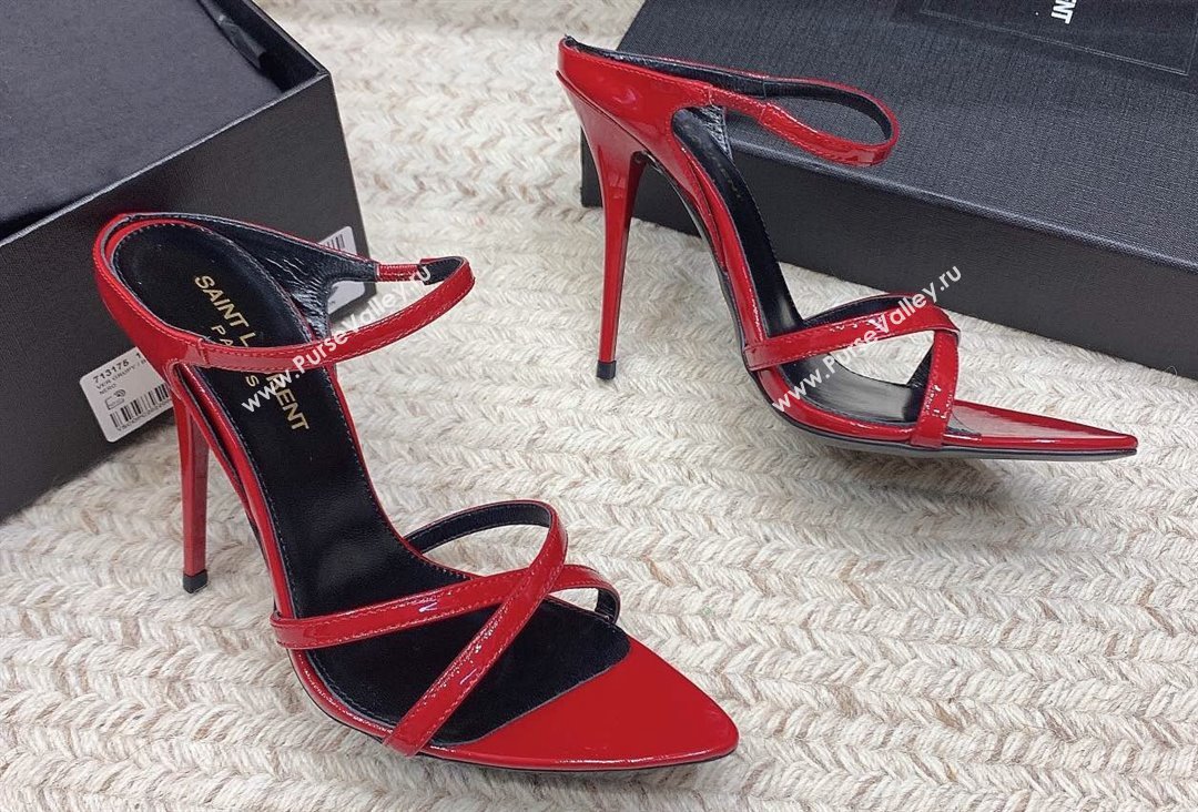 Saint Laurent Heel 11cm Gippy Patent Crisscross Mules Red 2024 (keer-23121905)