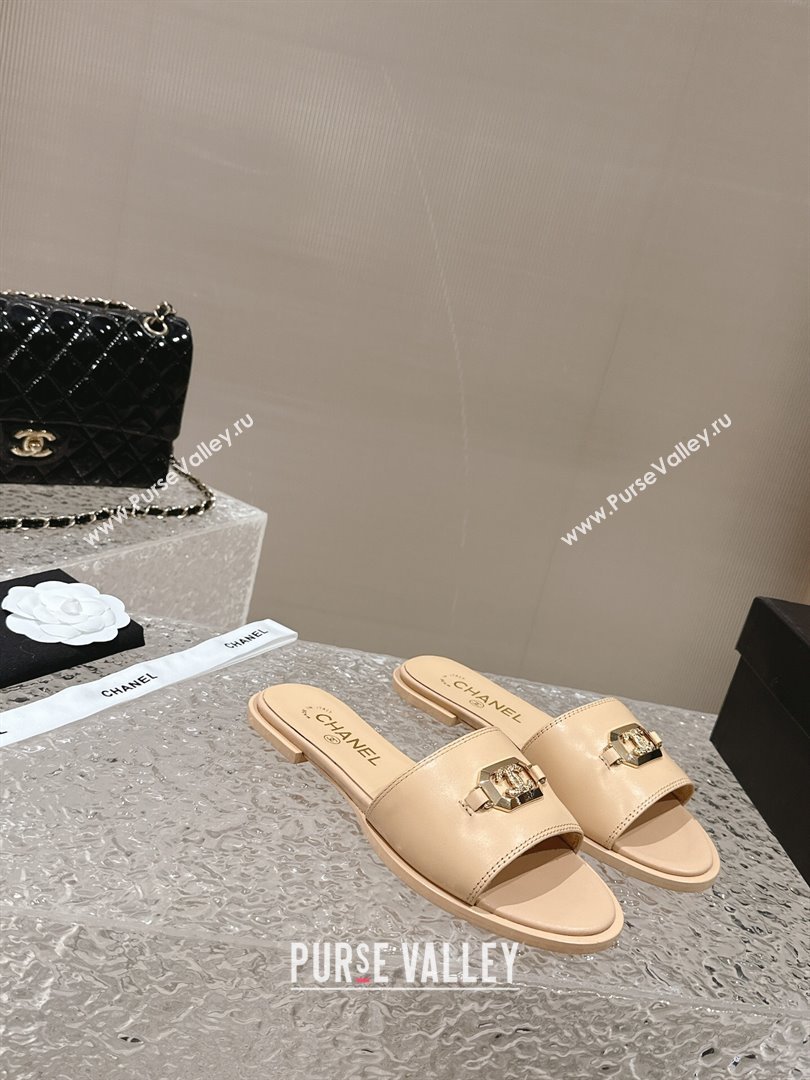 Chanel Shiny Calfskin Metal Mules G45172 Beige 2024 (modeng-23121908)
