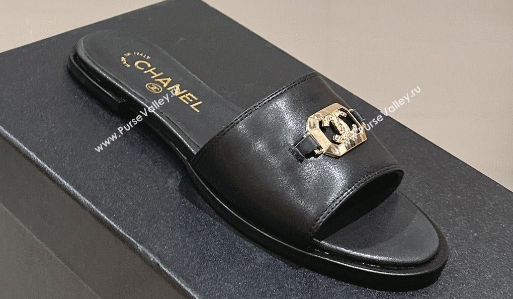 Chanel Shiny Calfskin Metal Mules G45172 Black 2024 (modeng-23121906)