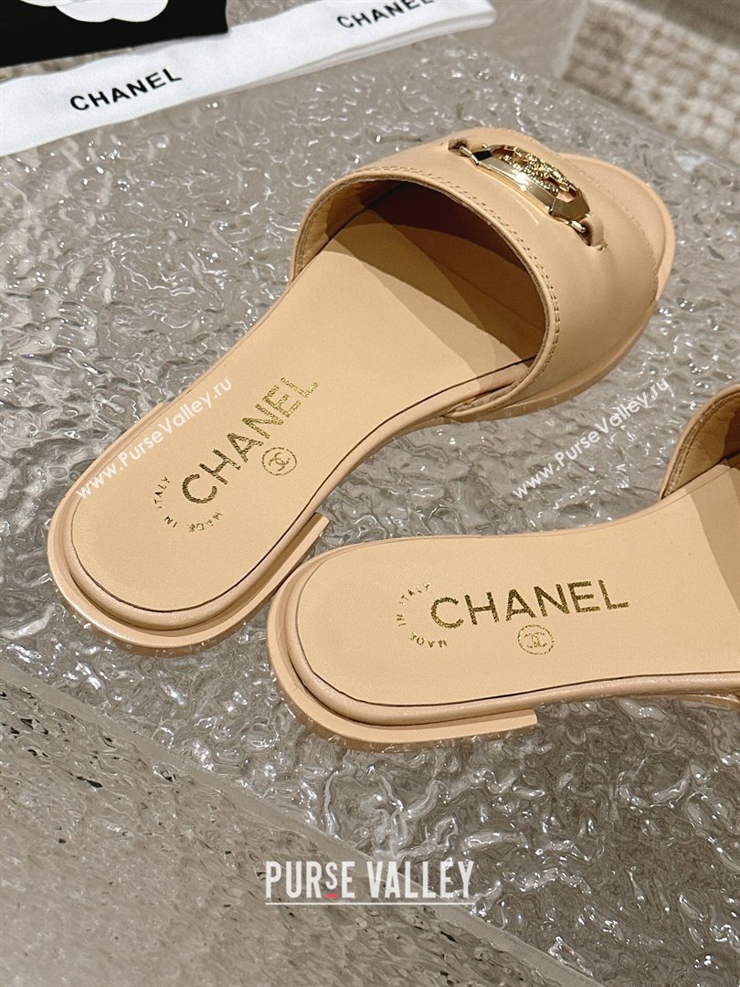 Chanel Shiny Calfskin Metal Mules G45172 Beige 2024 (modeng-23121908)