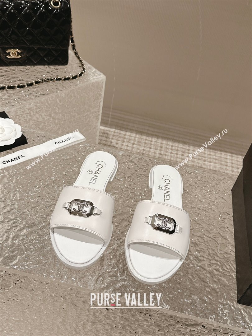 Chanel Shiny Calfskin Metal Mules G45172 White 2024 (modeng-23121907)