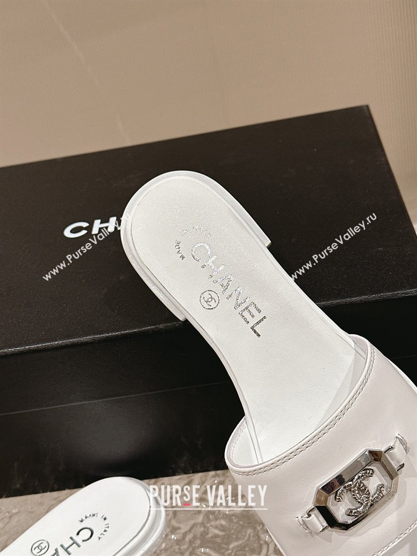 Chanel Shiny Calfskin Metal Mules G45172 White 2024 (modeng-23121907)