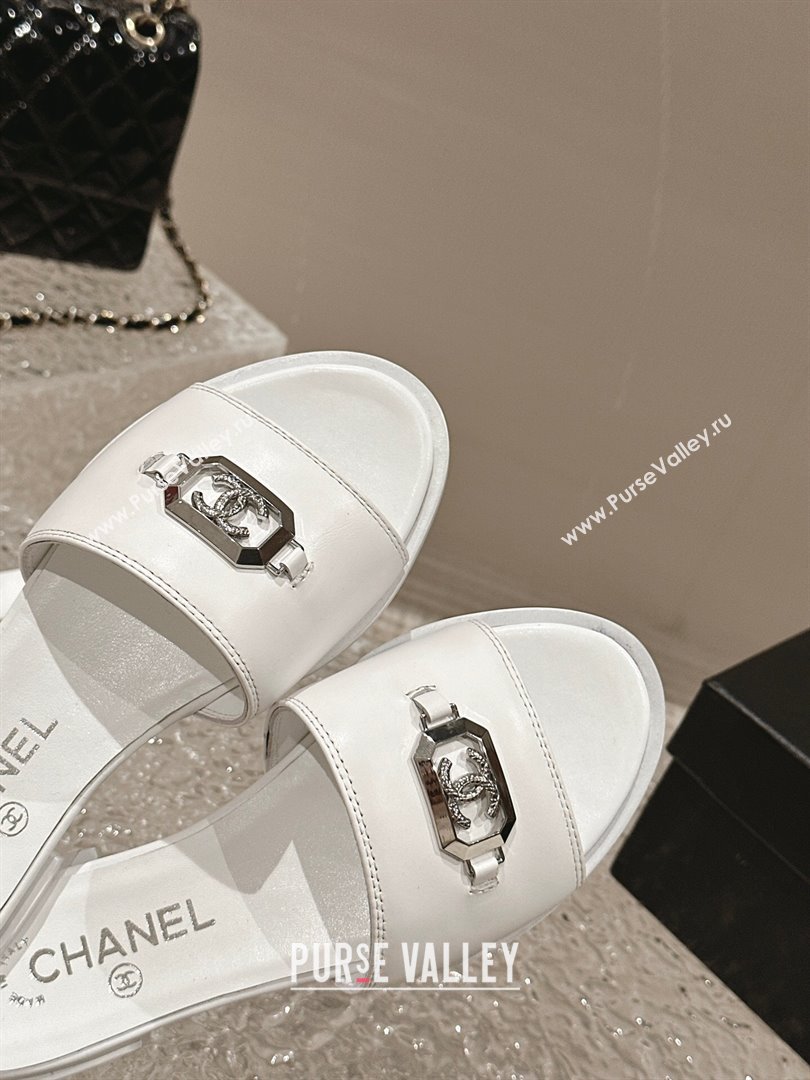 Chanel Shiny Calfskin Metal Mules G45172 White 2024 (modeng-23121907)