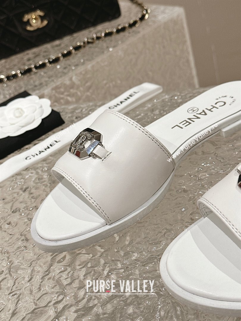 Chanel Shiny Calfskin Metal Mules G45172 White 2024 (modeng-23121907)