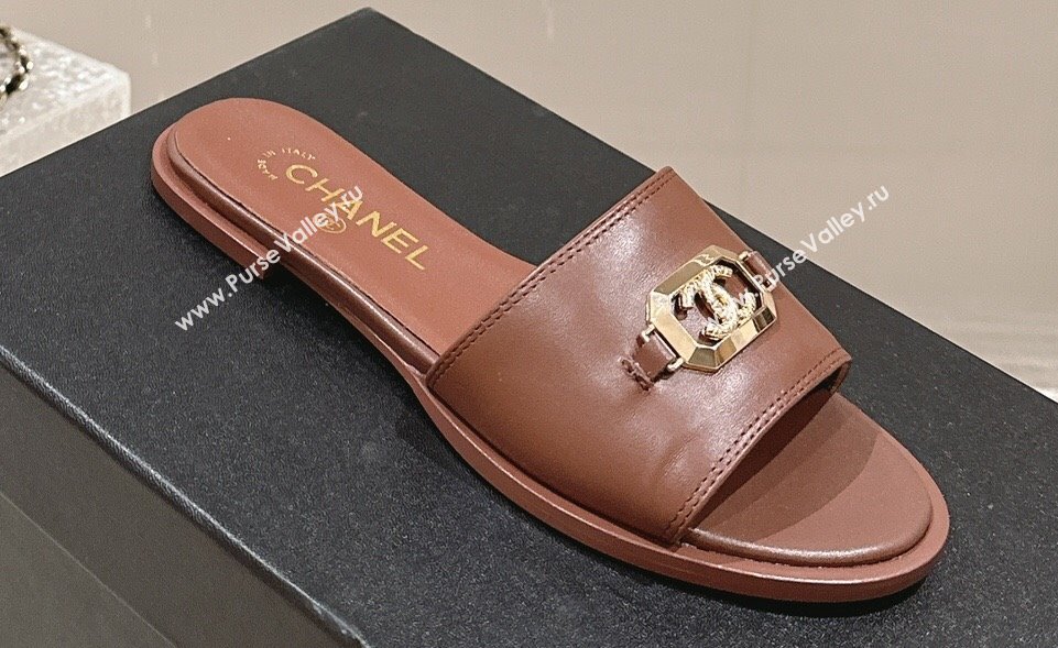 Chanel Shiny Calfskin Metal Mules G45172 Brown 2024 (modeng-23121910)