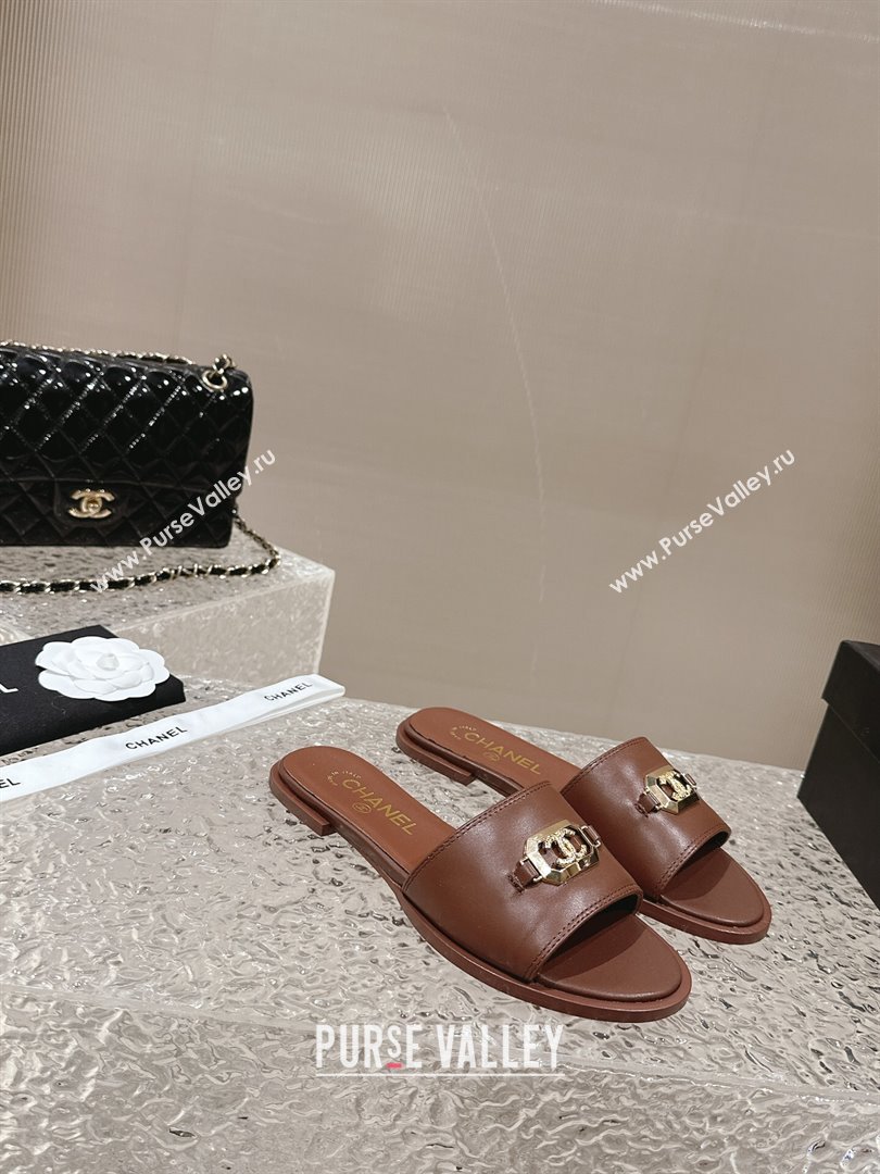 Chanel Shiny Calfskin Metal Mules G45172 Brown 2024 (modeng-23121910)