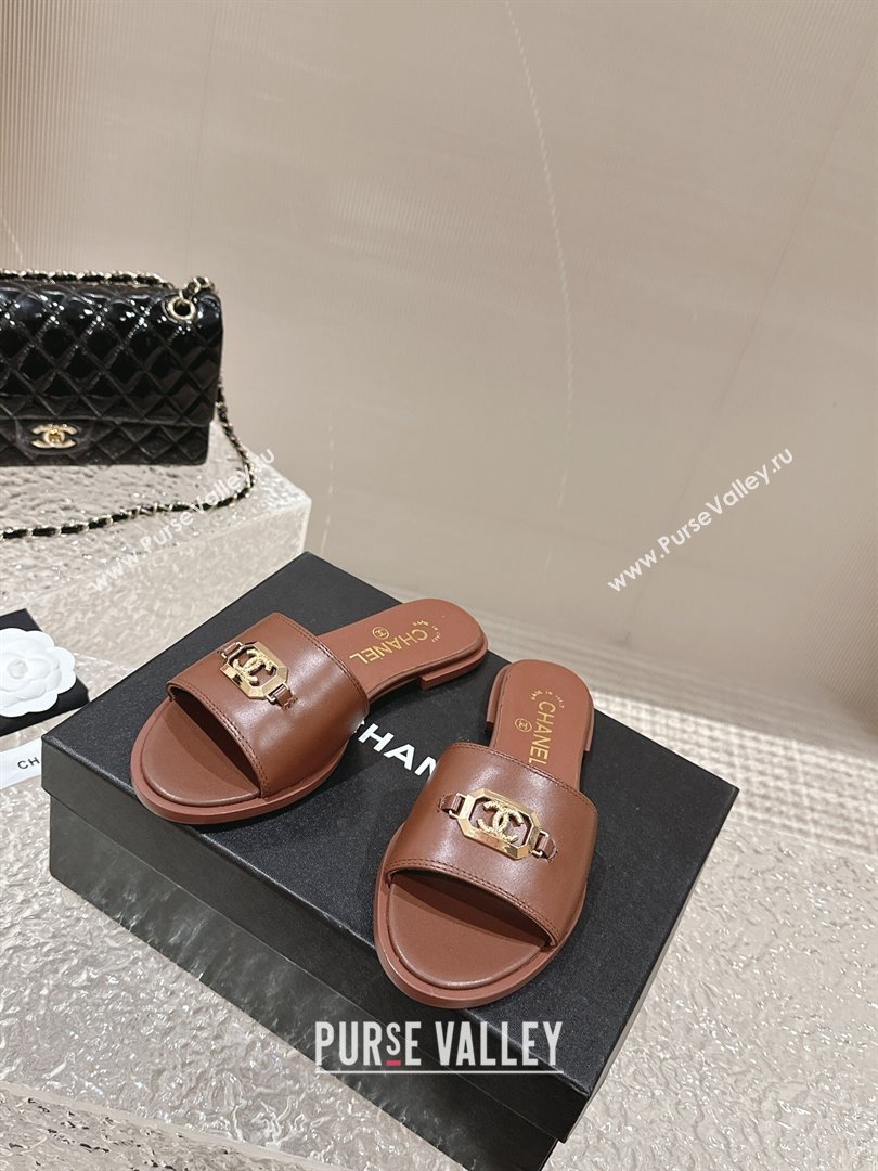 Chanel Shiny Calfskin Metal Mules G45172 Brown 2024 (modeng-23121910)