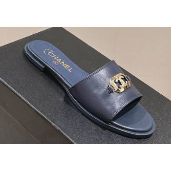 Chanel Shiny Calfskin Metal Mules G45172 Navy Blue 2024 (modeng-23121911)