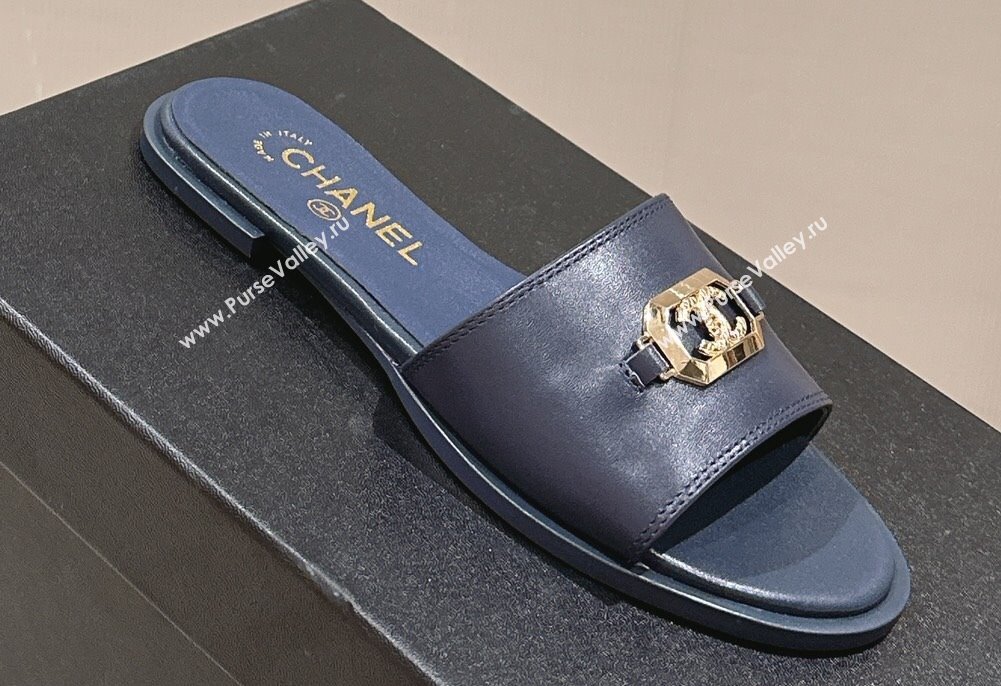 Chanel Shiny Calfskin Metal Mules G45172 Navy Blue 2024 (modeng-23121911)