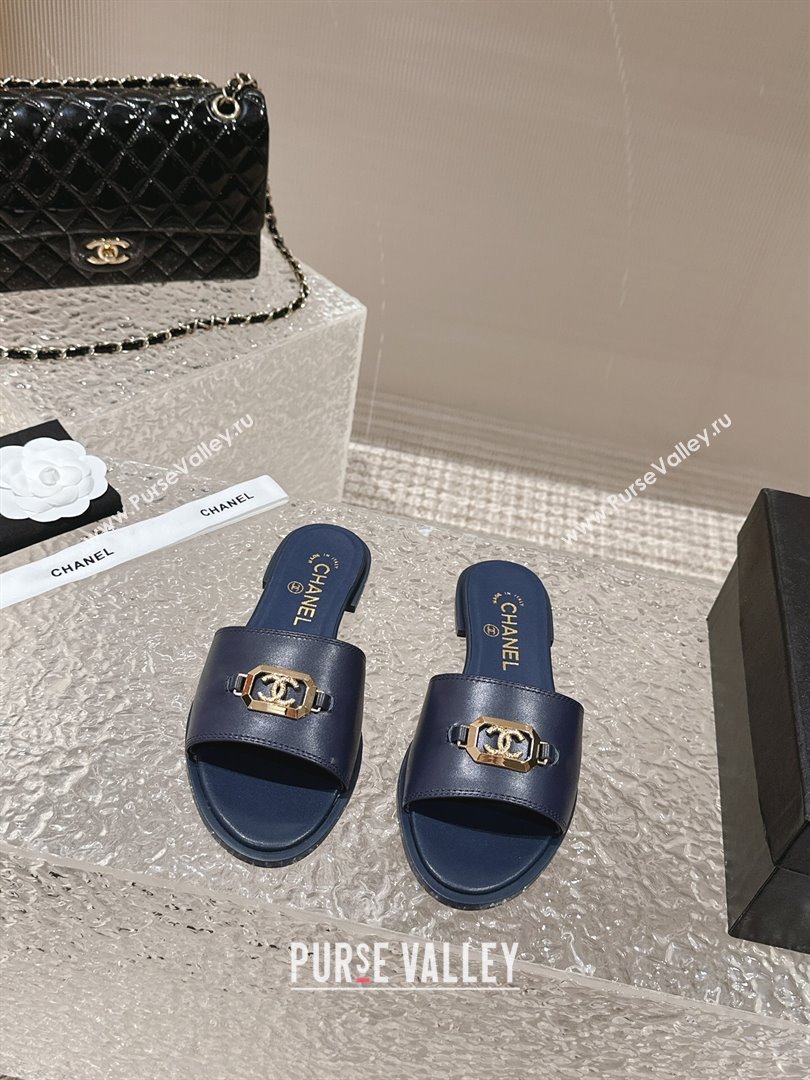 Chanel Shiny Calfskin Metal Mules G45172 Navy Blue 2024 (modeng-23121911)