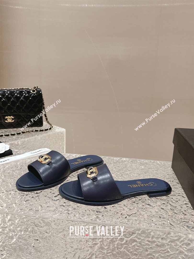 Chanel Shiny Calfskin Metal Mules G45172 Navy Blue 2024 (modeng-23121911)