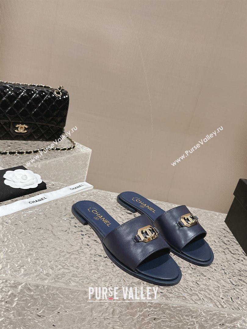 Chanel Shiny Calfskin Metal Mules G45172 Navy Blue 2024 (modeng-23121911)