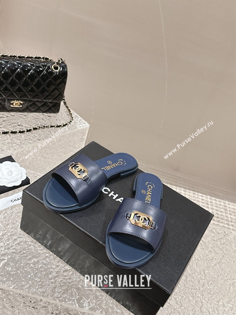 Chanel Shiny Calfskin Metal Mules G45172 Navy Blue 2024 (modeng-23121911)