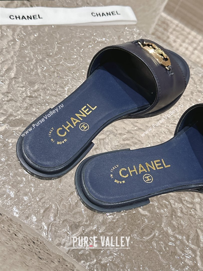 Chanel Shiny Calfskin Metal Mules G45172 Navy Blue 2024 (modeng-23121911)