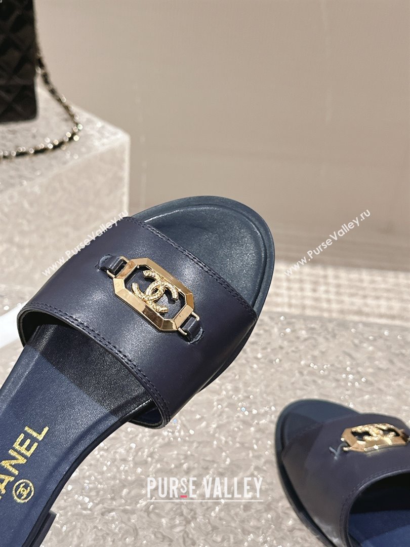 Chanel Shiny Calfskin Metal Mules G45172 Navy Blue 2024 (modeng-23121911)