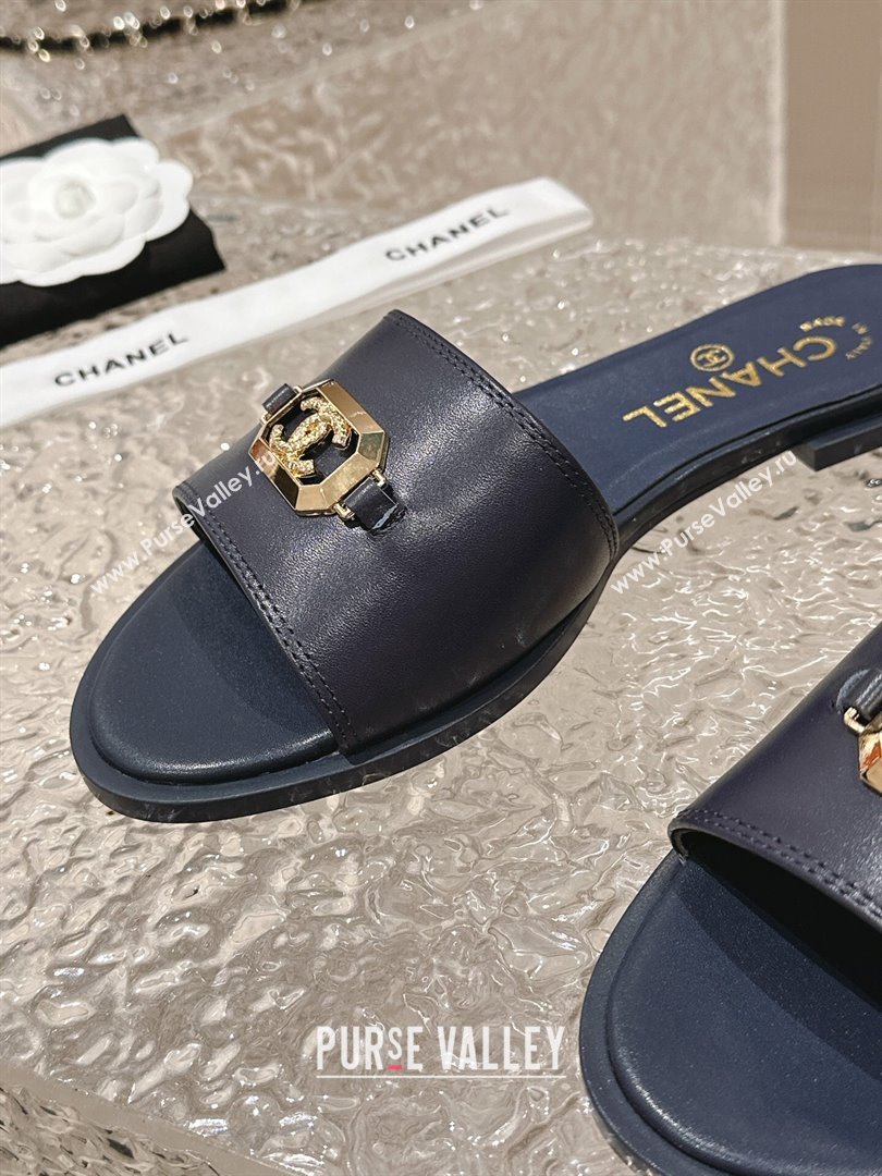 Chanel Shiny Calfskin Metal Mules G45172 Navy Blue 2024 (modeng-23121911)