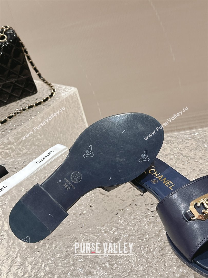 Chanel Shiny Calfskin Metal Mules G45172 Navy Blue 2024 (modeng-23121911)