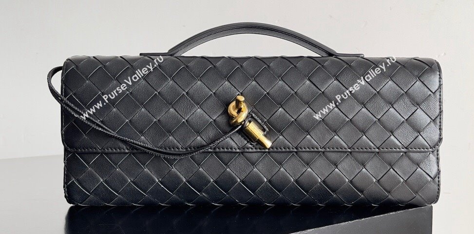 Bottega Veneta Long Clutch Andiamo With Handle Intrecciato leather bag Black with metallic knot closure 2024 (misu-23122028)