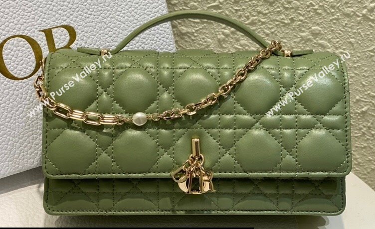 Miss Dior Mini Bag in Cannage Lambskin Green with Removable jewel chain 2024 (XXG-23122004)