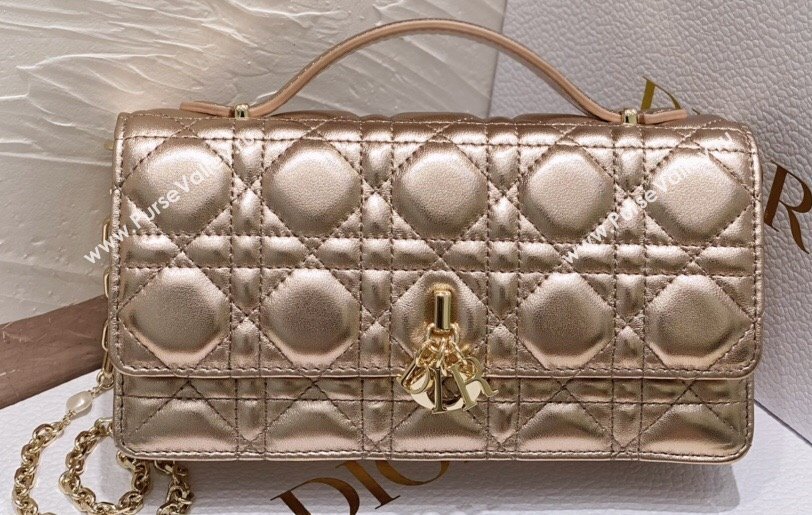 Miss Dior Mini Bag in Cannage Lambskin Iridescent Metallic Gold-Tone with Removable jewel chain 2024 (XXG-23122014)