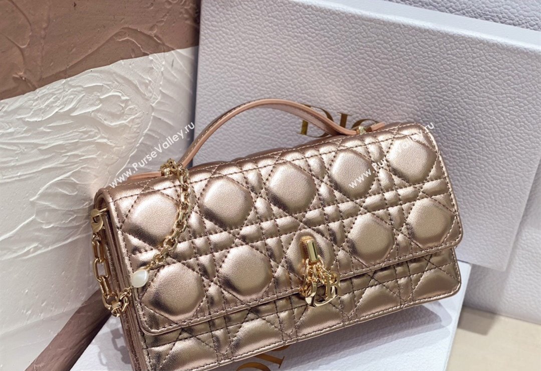 Miss Dior Mini Bag in Cannage Lambskin Iridescent Metallic Gold-Tone with Removable jewel chain 2024 (XXG-23122014)