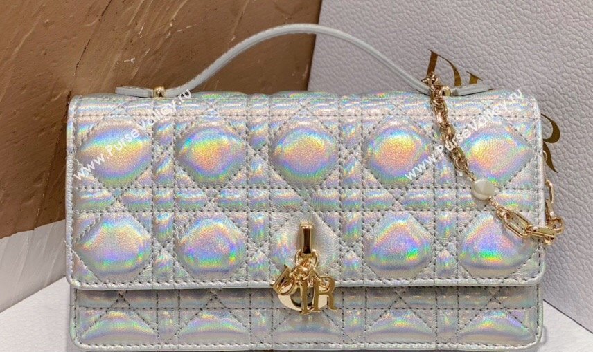 Miss Dior Mini Bag in Cannage Lambskin Iridescent Metallic Silver with Removable jewel chain 2024 (XXG-23122015)