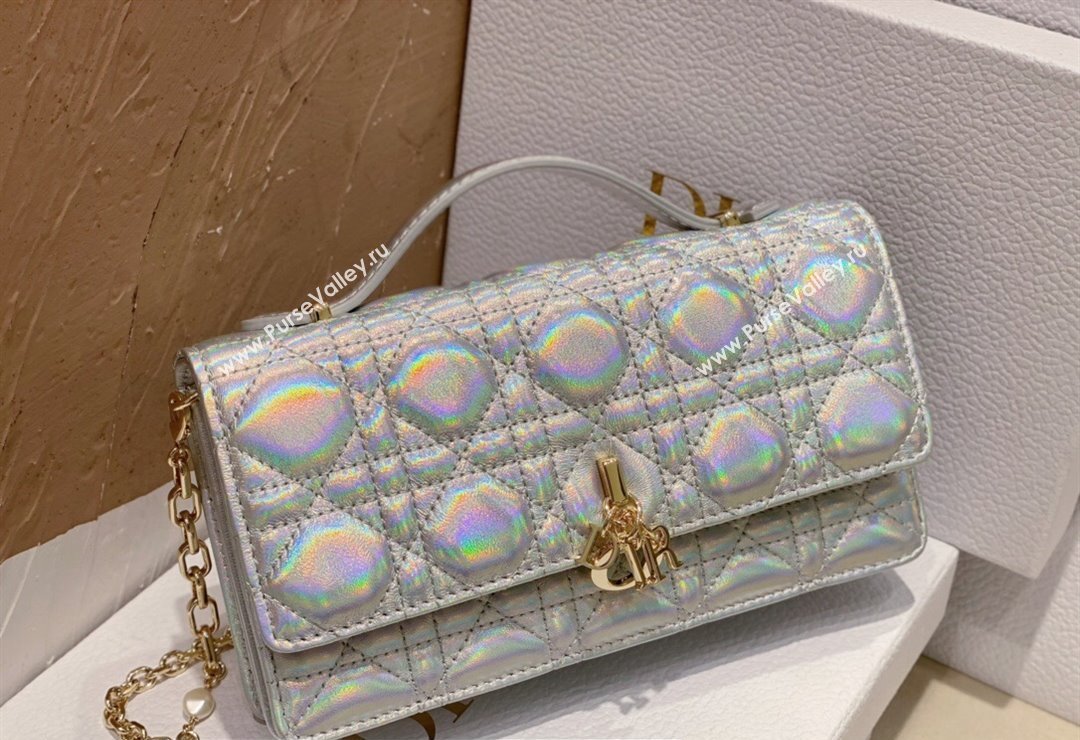 Miss Dior Mini Bag in Cannage Lambskin Iridescent Metallic Silver with Removable jewel chain 2024 (XXG-23122015)