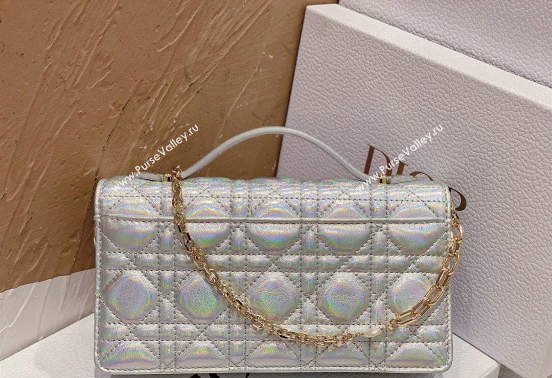 Miss Dior Mini Bag in Cannage Lambskin Iridescent Metallic Silver with Removable jewel chain 2024 (XXG-23122015)