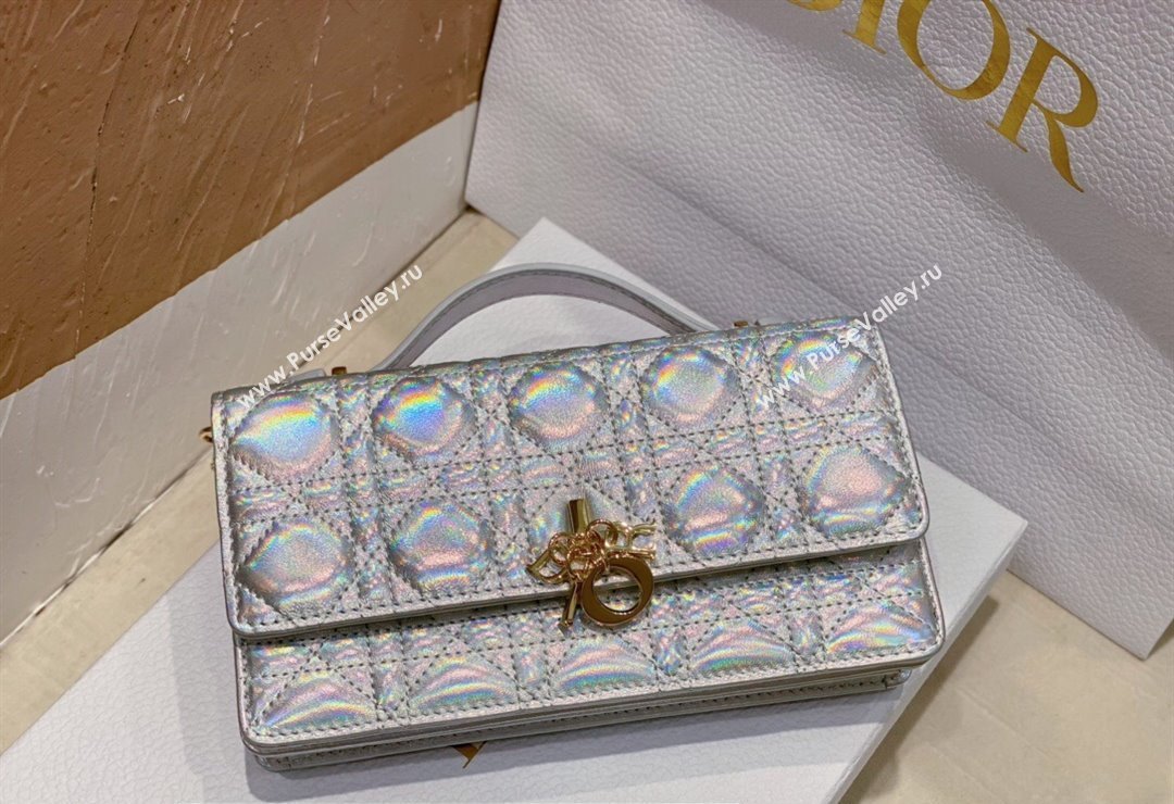 Miss Dior Mini Bag in Cannage Lambskin Iridescent Metallic Silver with Removable jewel chain 2024 (XXG-23122015)