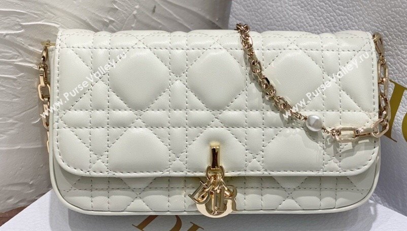 Lady Dior Phone Pouch Bag in Cannage Lambskin White with Removable jewel chain 2024 (XXG-23122017)