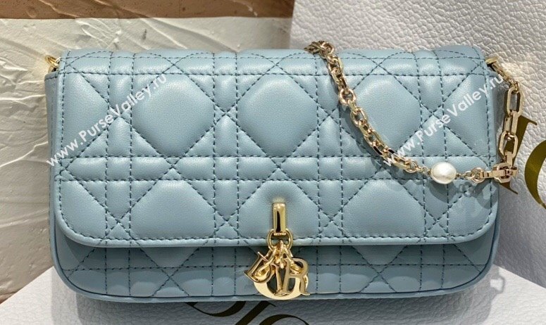 Lady Dior Phone Pouch Bag in Cannage Lambskin Cloud Blue with Removable jewel chain 2024 (XXG-23122020)