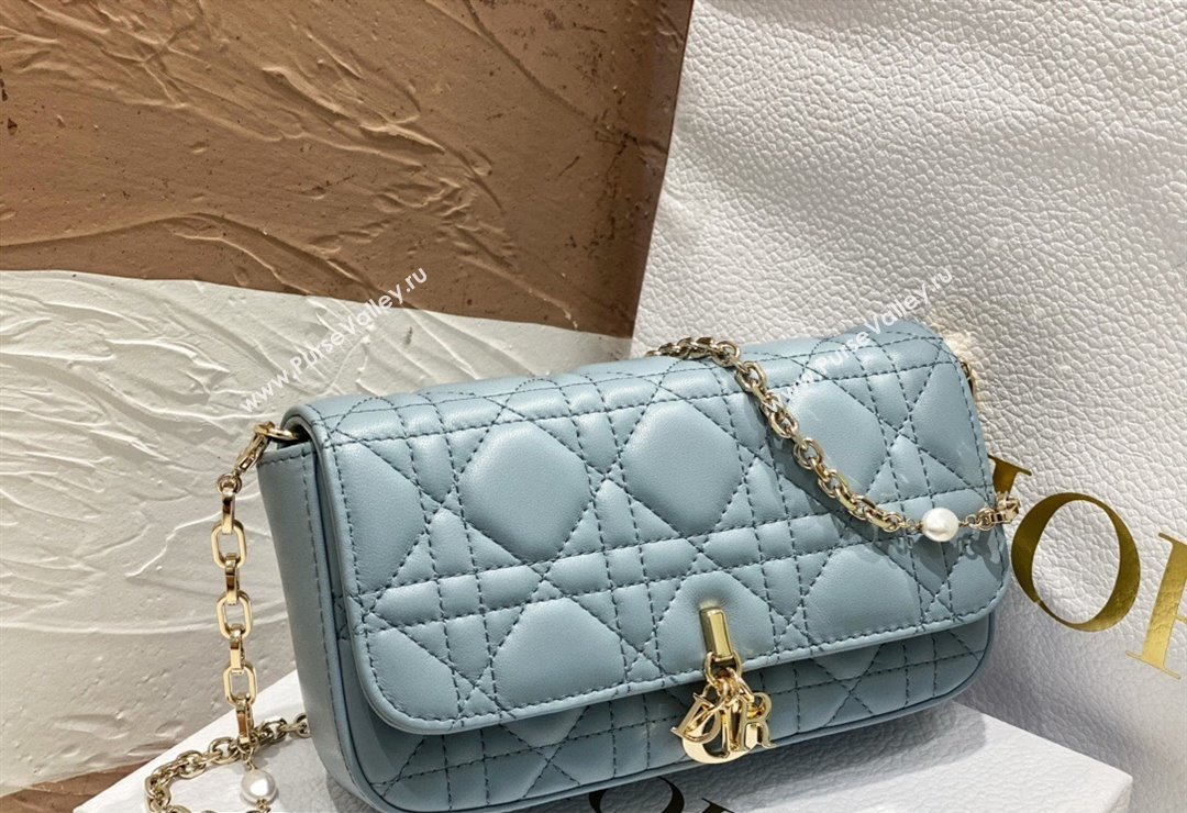 Lady Dior Phone Pouch Bag in Cannage Lambskin Cloud Blue with Removable jewel chain 2024 (XXG-23122020)
