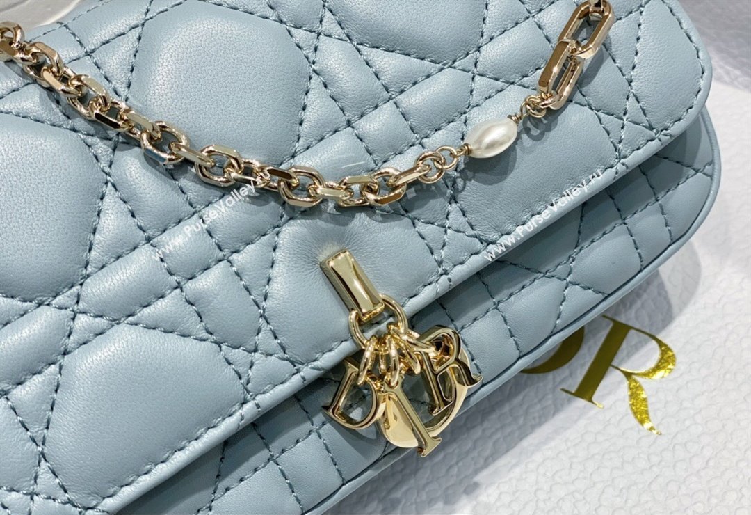 Lady Dior Phone Pouch Bag in Cannage Lambskin Cloud Blue with Removable jewel chain 2024 (XXG-23122020)