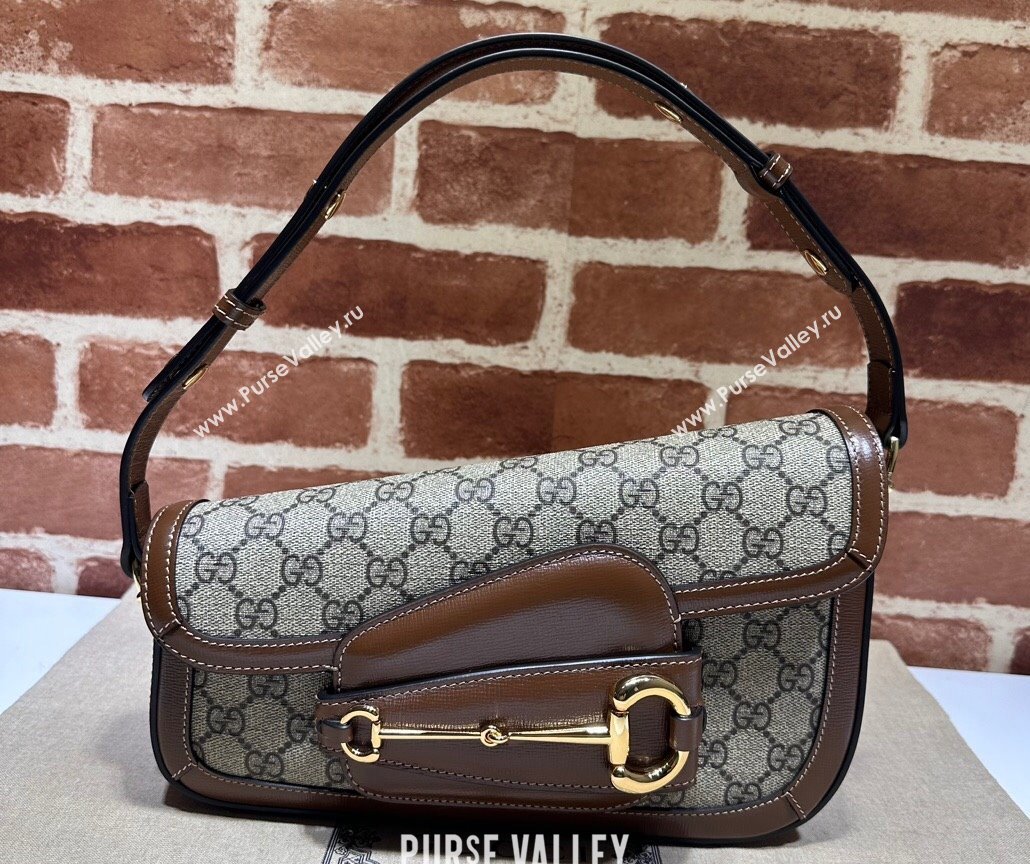 Gucci Horsebit 1955 small shoulder bag 764155 Beige and ebony GG Supreme canvas with Brown Demetra trim (dlh-23122104)