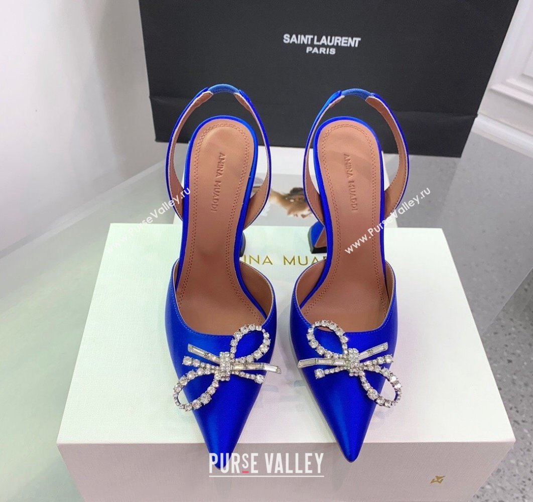 Amina Muaddi Heel 9.5cm Rosie Sling Satin Blue with Crystal embellished bow accessory (keer-23122102)