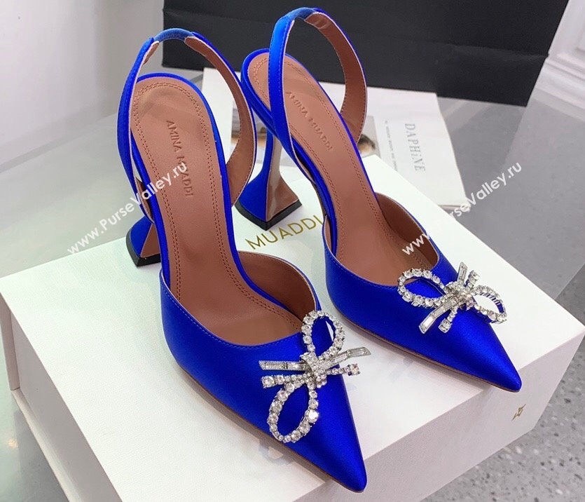 Amina Muaddi Heel 9.5cm Rosie Sling Satin Blue with Crystal embellished bow accessory (keer-23122102)