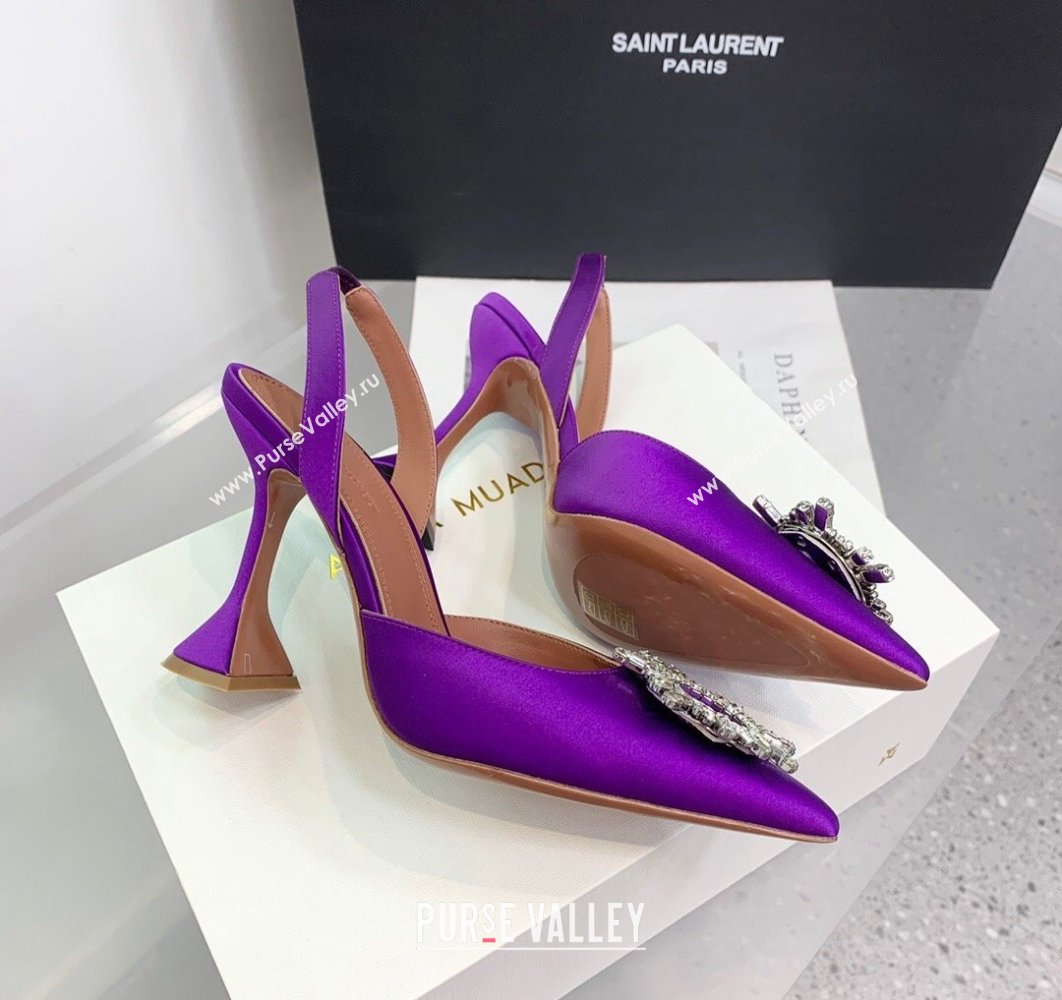 Amina Muaddi Heel 9.5cm Begum Sling Satin Purple with Starbust embellished brooch (keer-23122115)