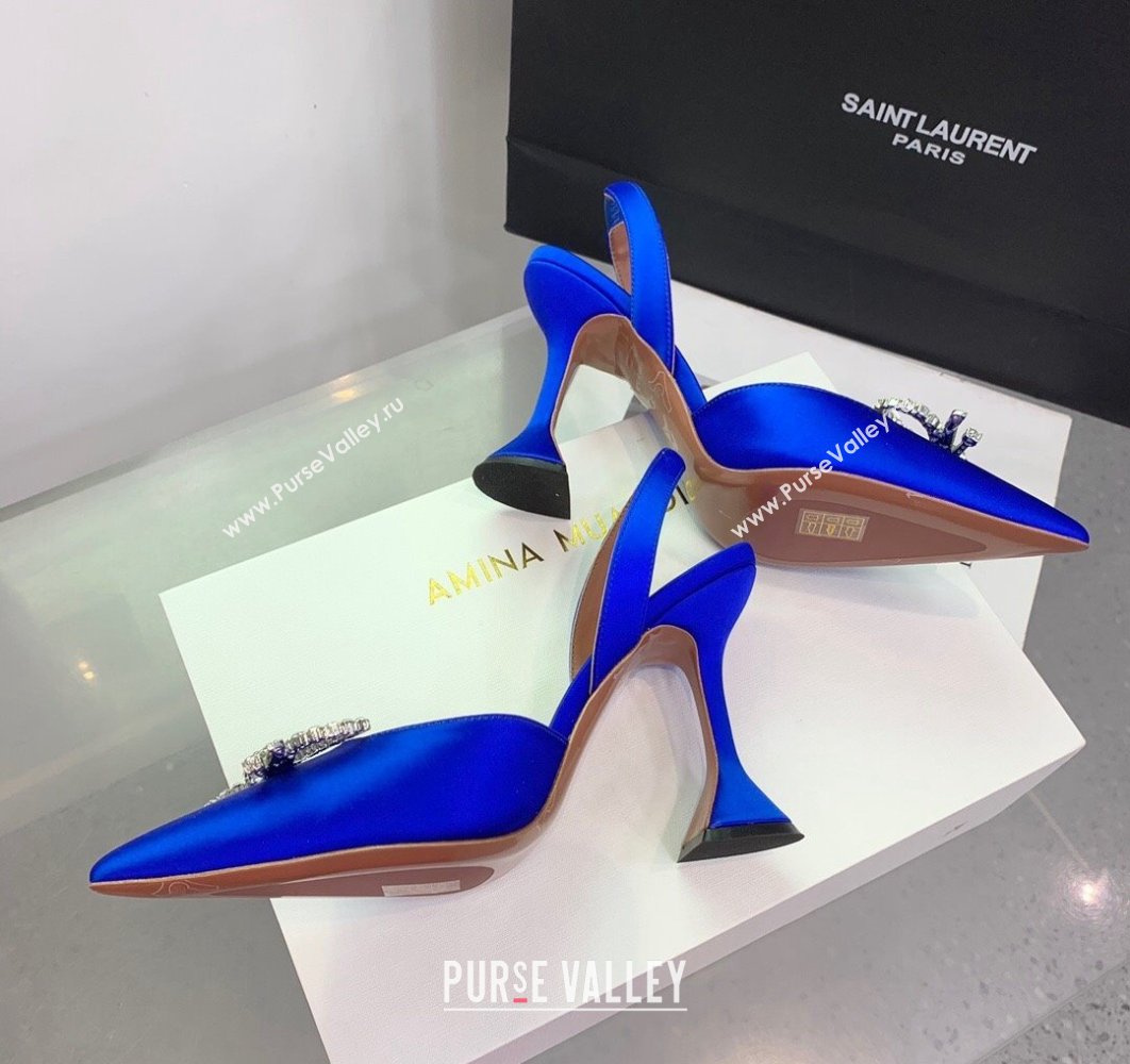 Amina Muaddi Heel 9.5cm Rosie Sling Satin Blue with Crystal embellished bow accessory (keer-23122102)