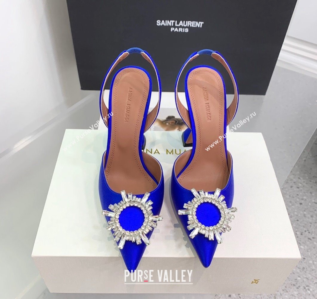 Amina Muaddi Heel 9.5cm Begum Sling Satin Blue 01 with Starbust embellished brooch (keer-23122117)