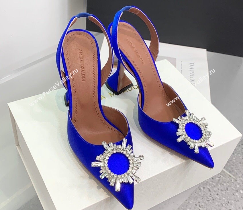Amina Muaddi Heel 9.5cm Begum Sling Satin Blue 01 with Starbust embellished brooch (keer-23122117)