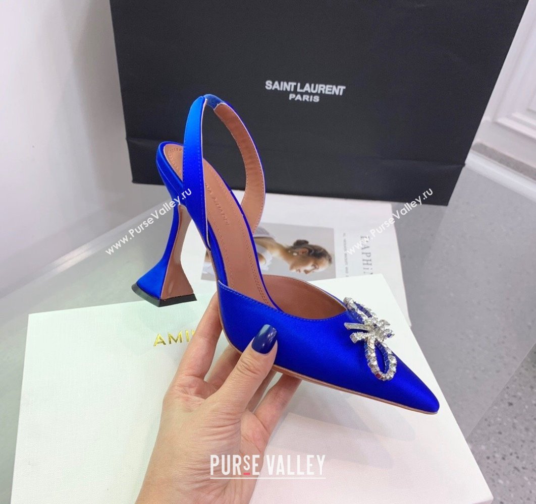Amina Muaddi Heel 9.5cm Rosie Sling Satin Blue with Crystal embellished bow accessory (keer-23122102)