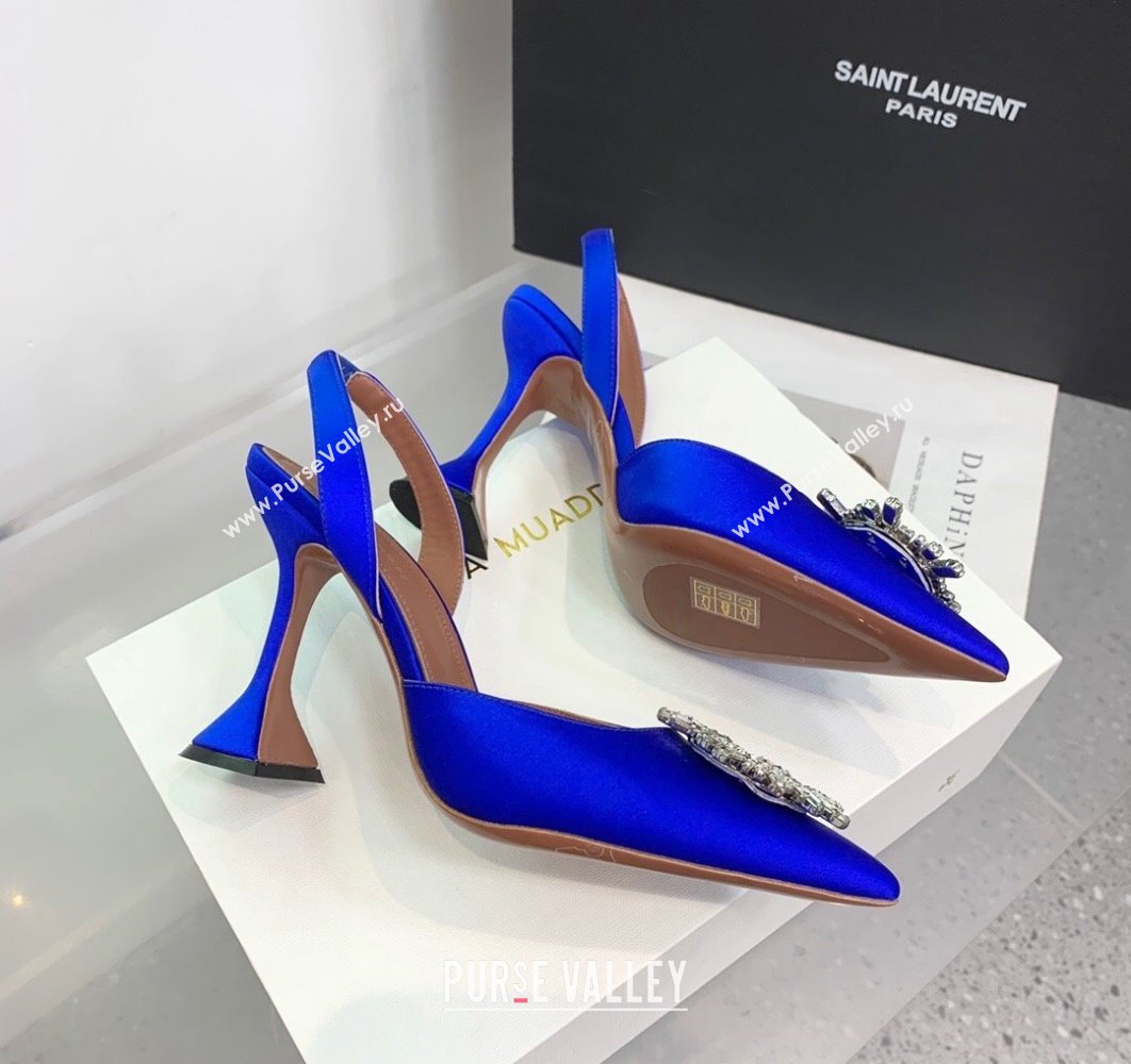 Amina Muaddi Heel 9.5cm Begum Sling Satin Blue 01 with Starbust embellished brooch (keer-23122117)