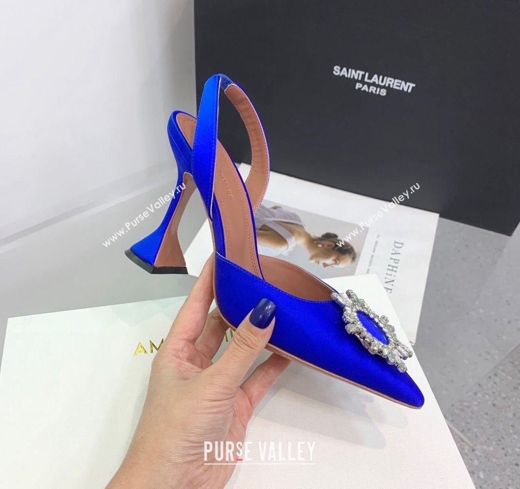 Amina Muaddi Heel 9.5cm Begum Sling Satin Blue 01 with Starbust embellished brooch (keer-23122117)