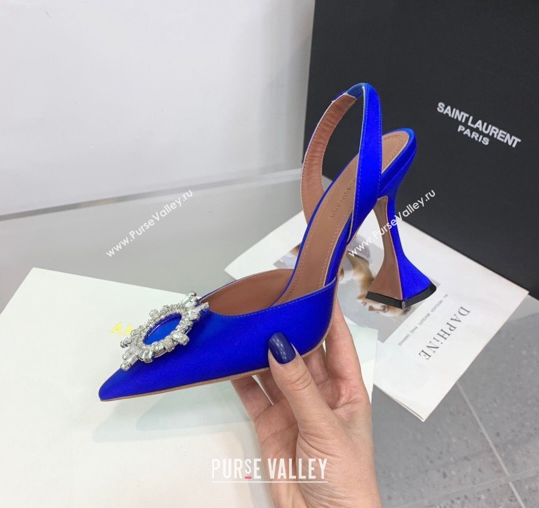 Amina Muaddi Heel 9.5cm Begum Sling Satin Blue 01 with Starbust embellished brooch (keer-23122117)