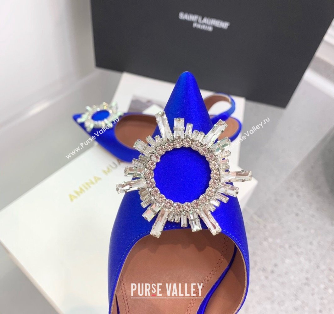 Amina Muaddi Heel 9.5cm Begum Sling Satin Blue 01 with Starbust embellished brooch (keer-23122117)