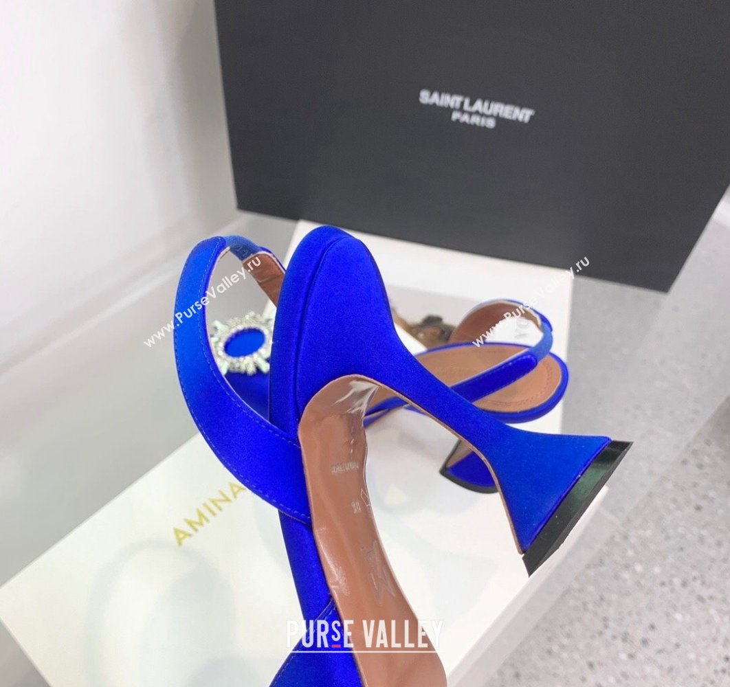 Amina Muaddi Heel 9.5cm Begum Sling Satin Blue 01 with Starbust embellished brooch (keer-23122117)