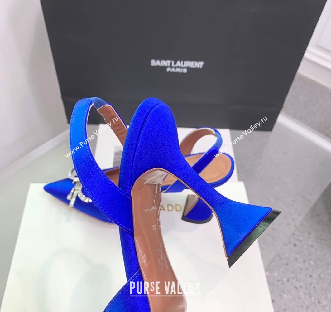 Amina Muaddi Heel 9.5cm Rosie Sling Satin Blue with Crystal embellished bow accessory (keer-23122102)