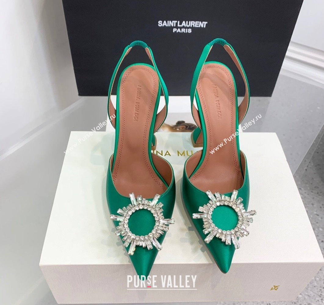 Amina Muaddi Heel 9.5cm Begum Sling Satin Green 02 with Starbust embellished brooch (keer-23122123)