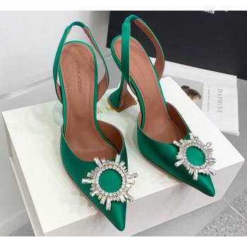 Amina Muaddi Heel 9.5cm Begum Sling Satin Green 02 with Starbust embellished brooch (keer-23122123)